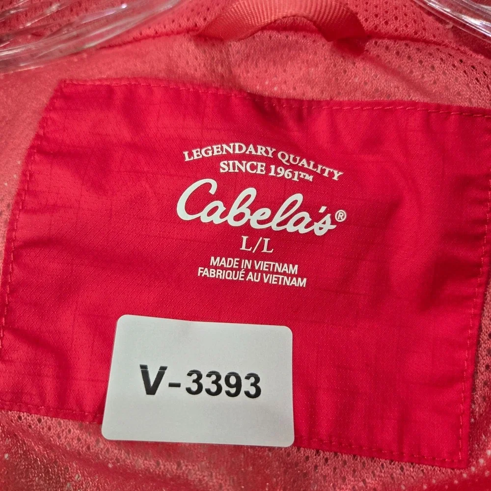 Cabelas Men Jacket Large Red Hooded Rain Coat Pockets Full Zip‎